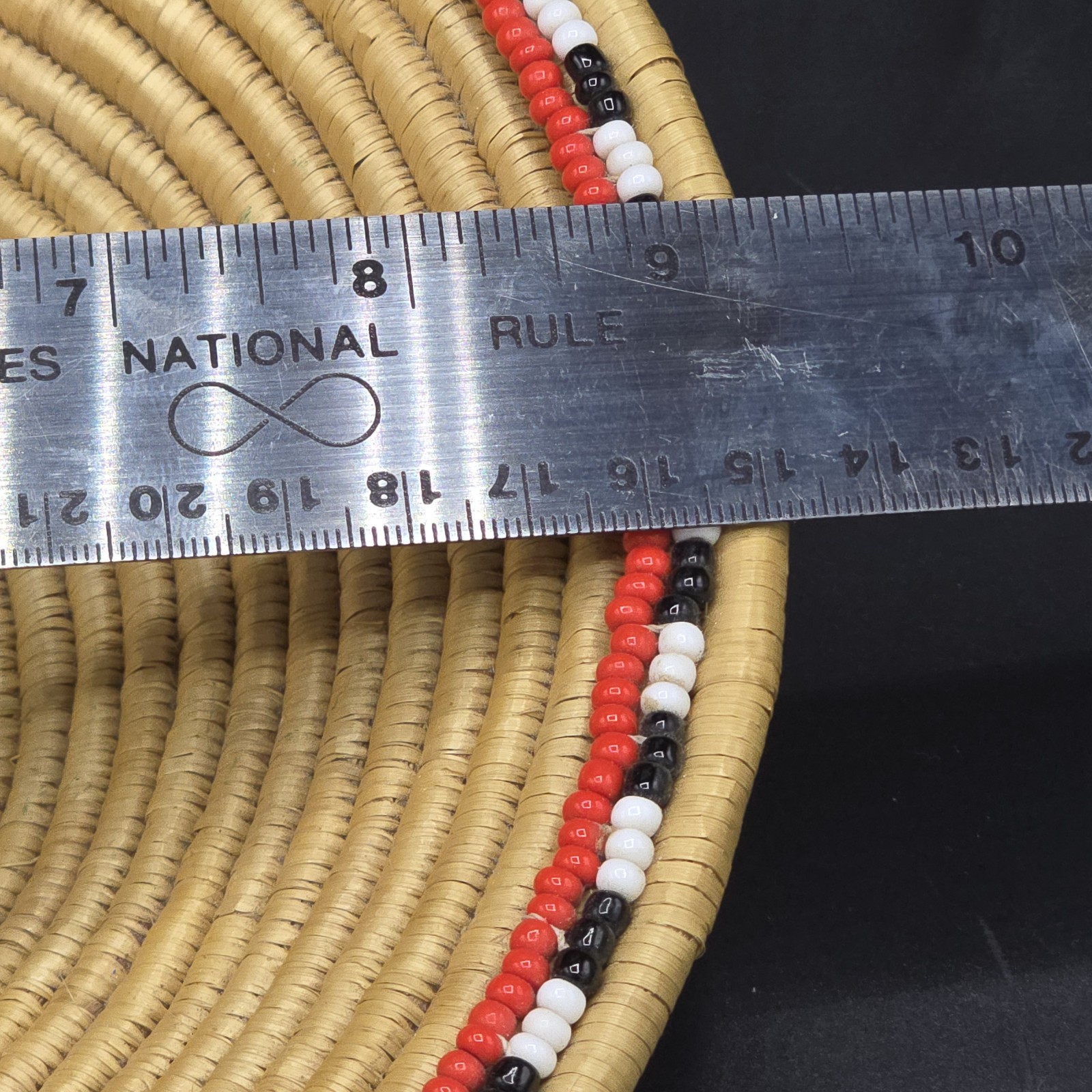 Handwoven Coil Basket with Red White Black Beaded Rim 10.5” Rustic Boho Decor