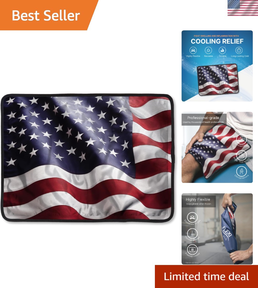 FlexiKold Large Gel Ice Pack - Red, White & Blue Flag Design for Injury Relief