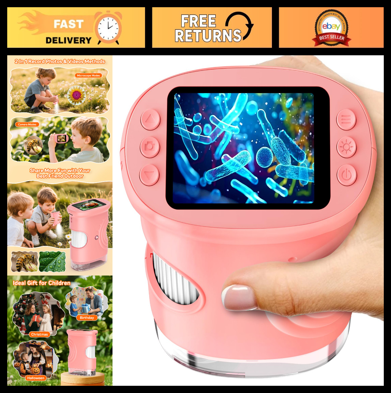 Kids Digital Microscope 1000X with 2.0" IPS Screen, Portable STEM Science Toy, R