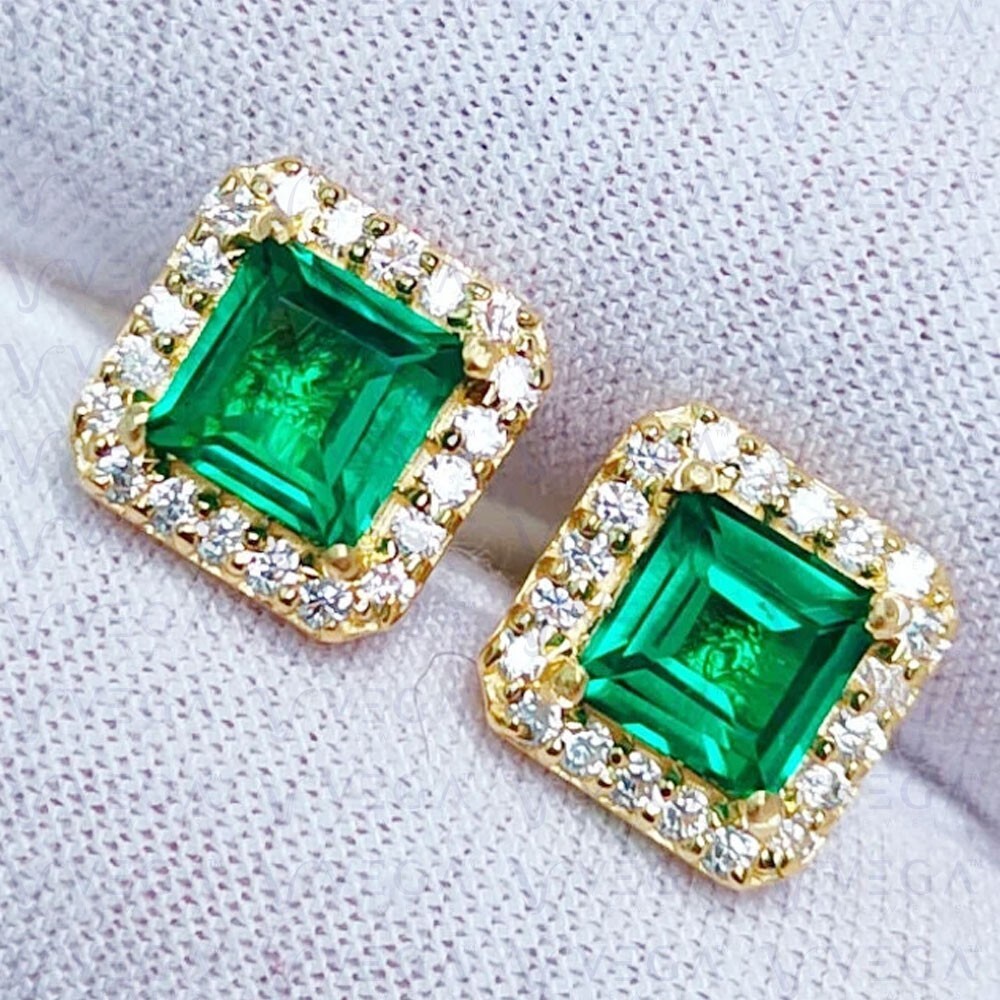 4.70Ct Natural Emerald Asscher Cut & Diamond Stud Earrings 14K Solid Yellow Gold