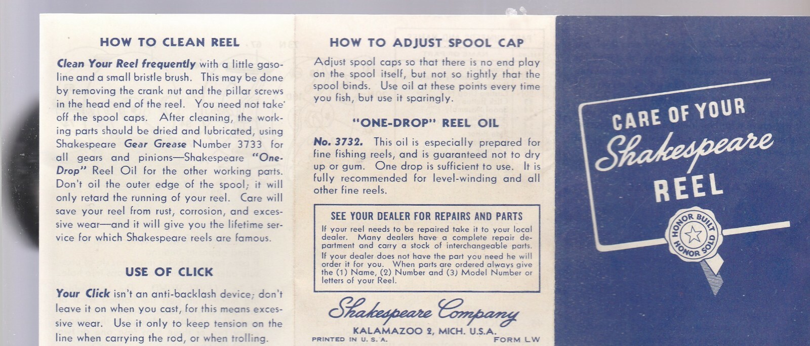 CARE OF YOUR SHAKESPEARE REEL VINTAGE BROCHURE