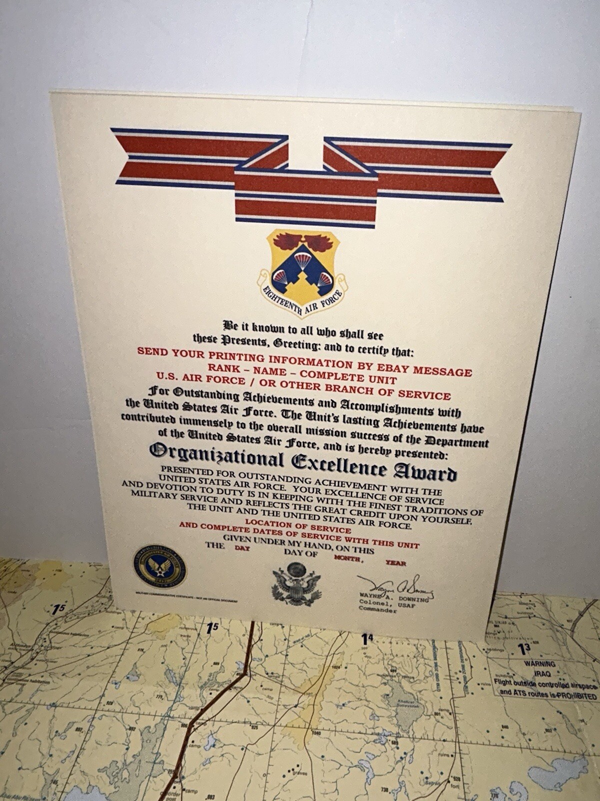 U.S. AIR FORCE / 18TH AIR FORCE - ORGANIZATIONAL EXCELLENCE AWARD CERTIFICATE