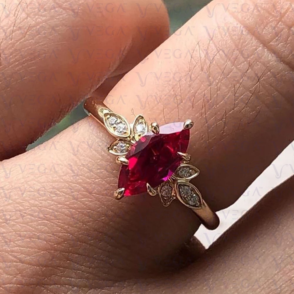 3.48Ct Marquise Natural Ruby and Diamond 100% 14k SOLID Yellow Gold Wedding Ring
