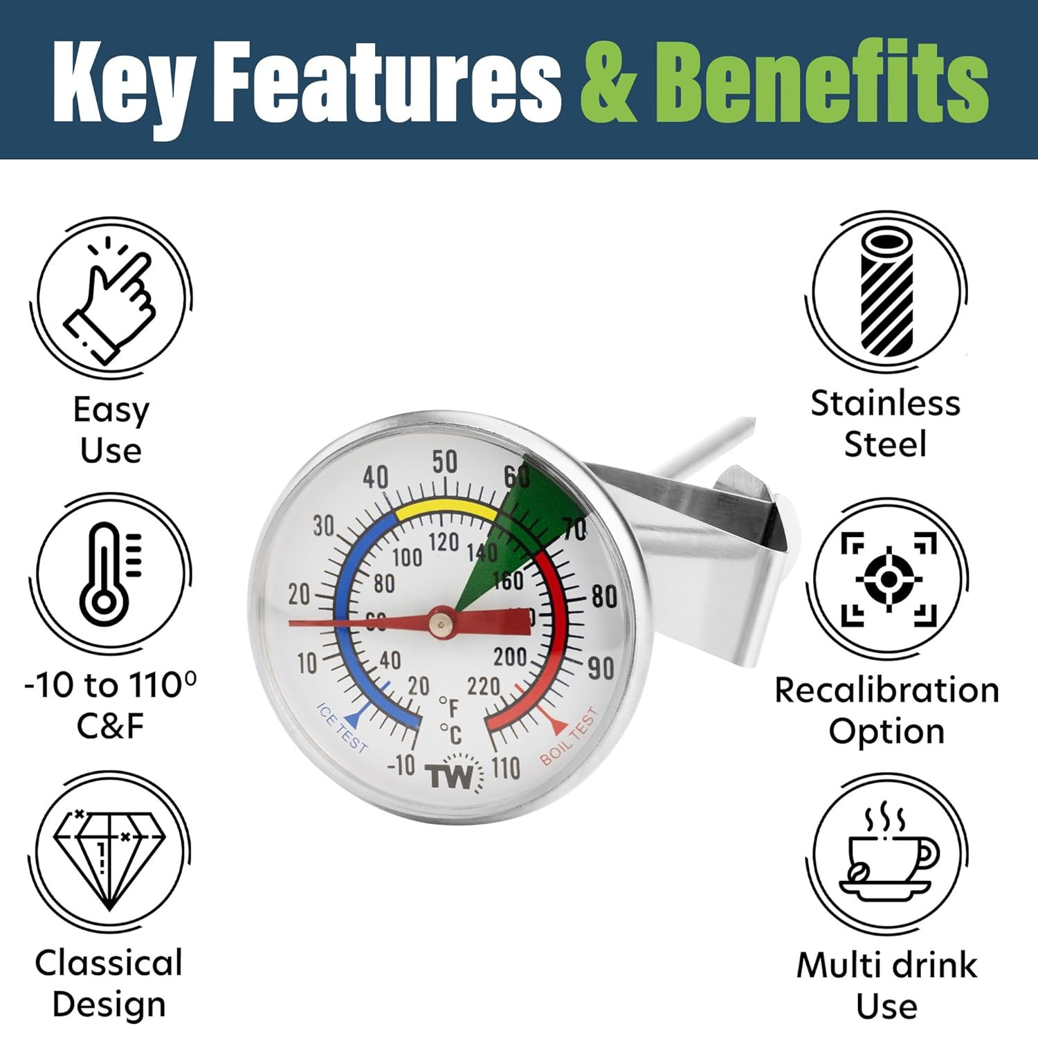 Milk Thermometer for Steaming Milk (Green)