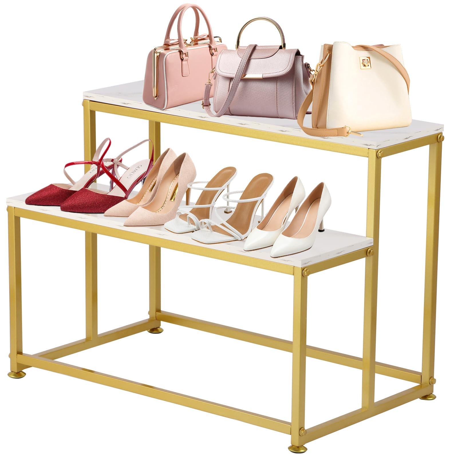 Gold 2-Tier Entryway Shoe Rack & Display Table - Heavy Duty Display Stand for...