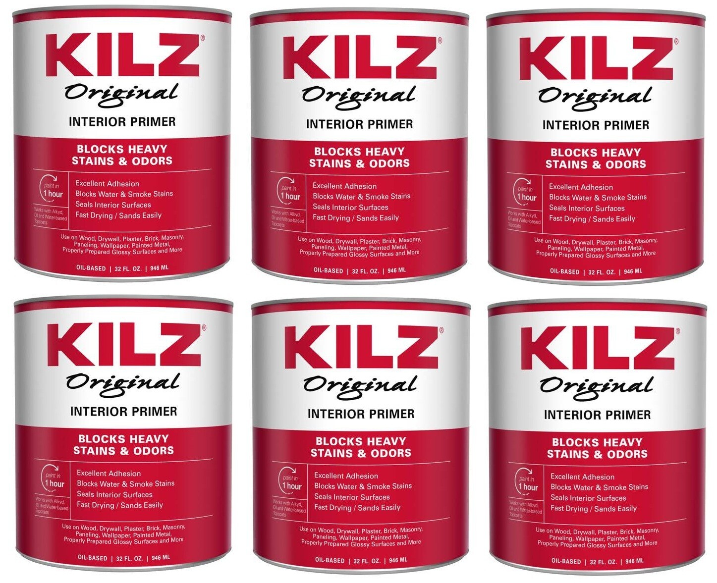 Kilz 10002 Quart Oil Based Original Primer Sealer Stainblocker Paint - Pack of 6