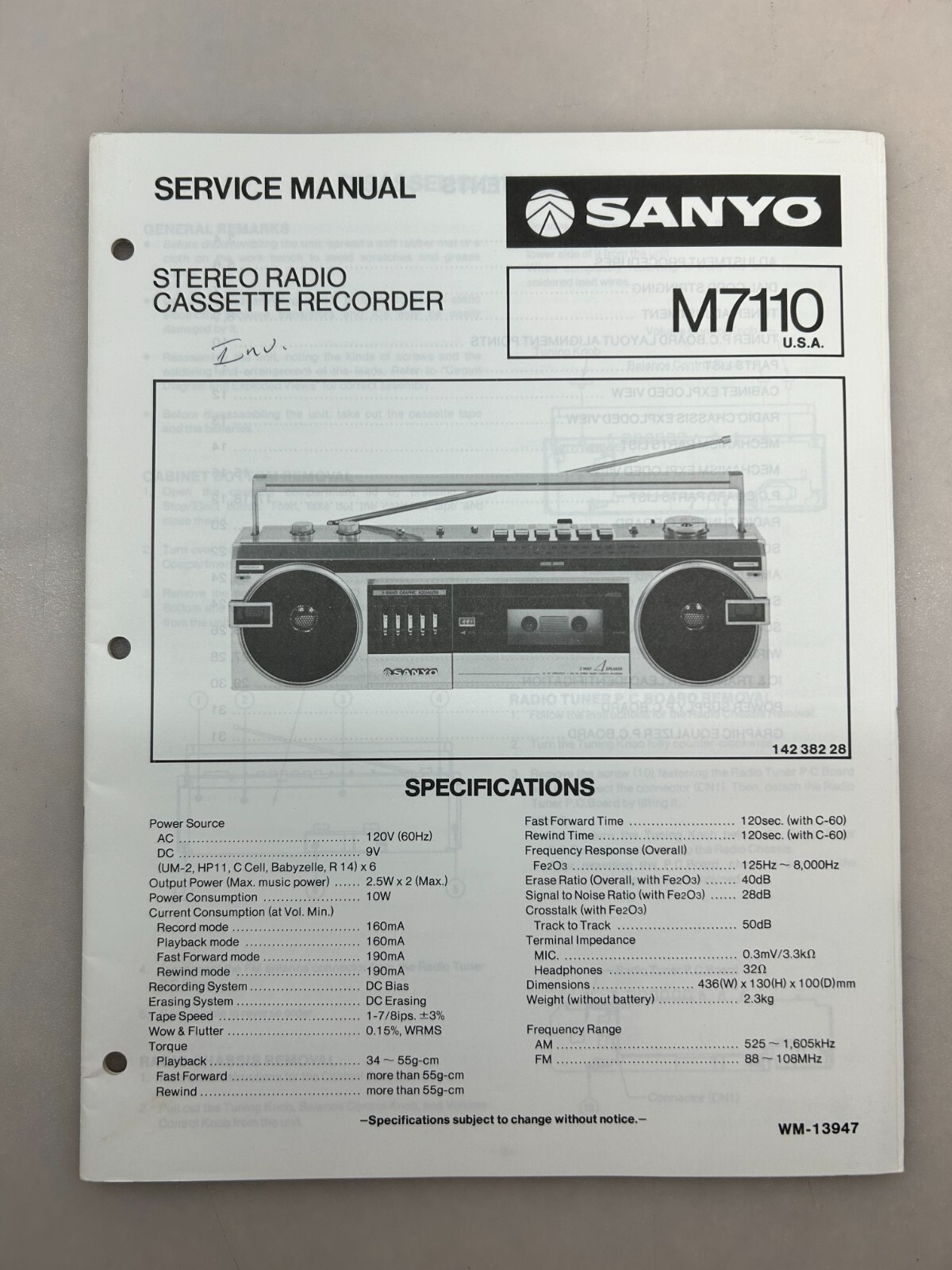 Sanyo M7110 Original Service Manual Free Shipping