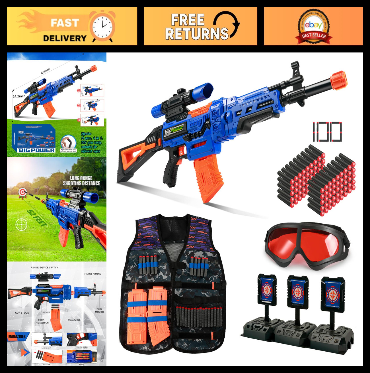 Electric Kids Sniper Rifle Toy with Scope & Tactical Vest Kit - 4 in 1 Dart Gun
