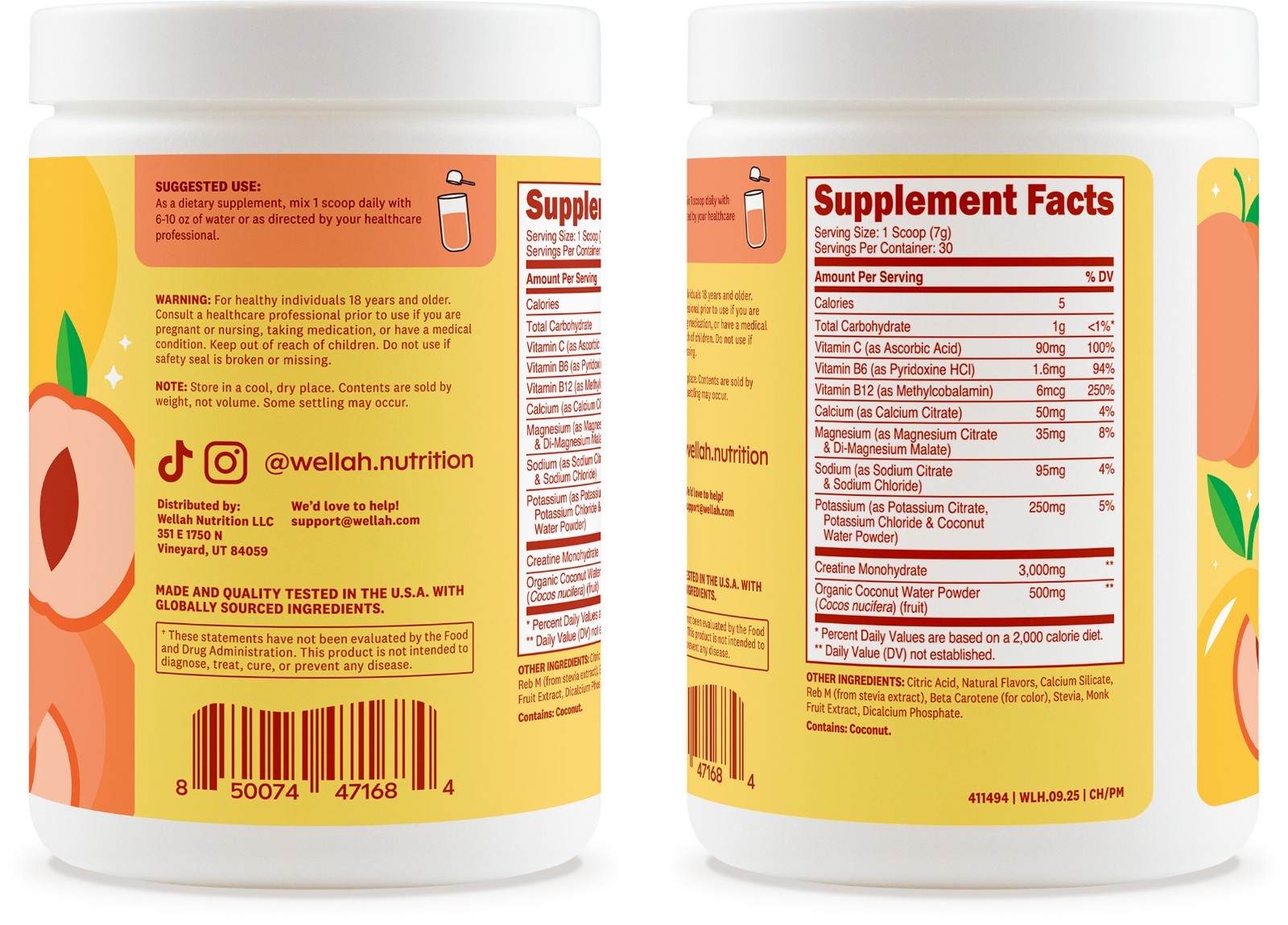 Wellah Creatine + Electrolytes Powder (Peach Mango) 30 Servings