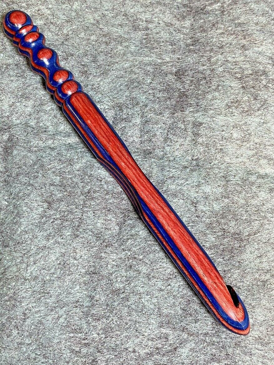 Hand carved Blue & Red Wood YARN  CROCHET HOOK  size P