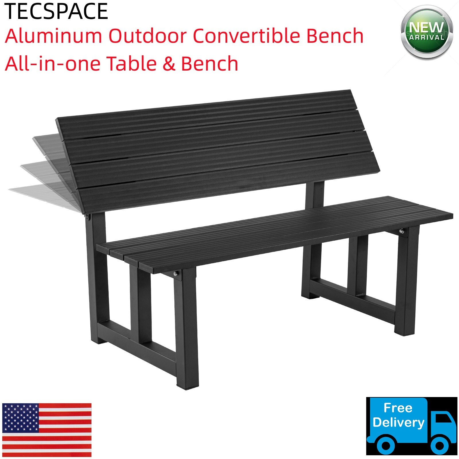 Lojok Aluminum Black All-in-one Table&Bench for Park Garden,Patio and Lounge