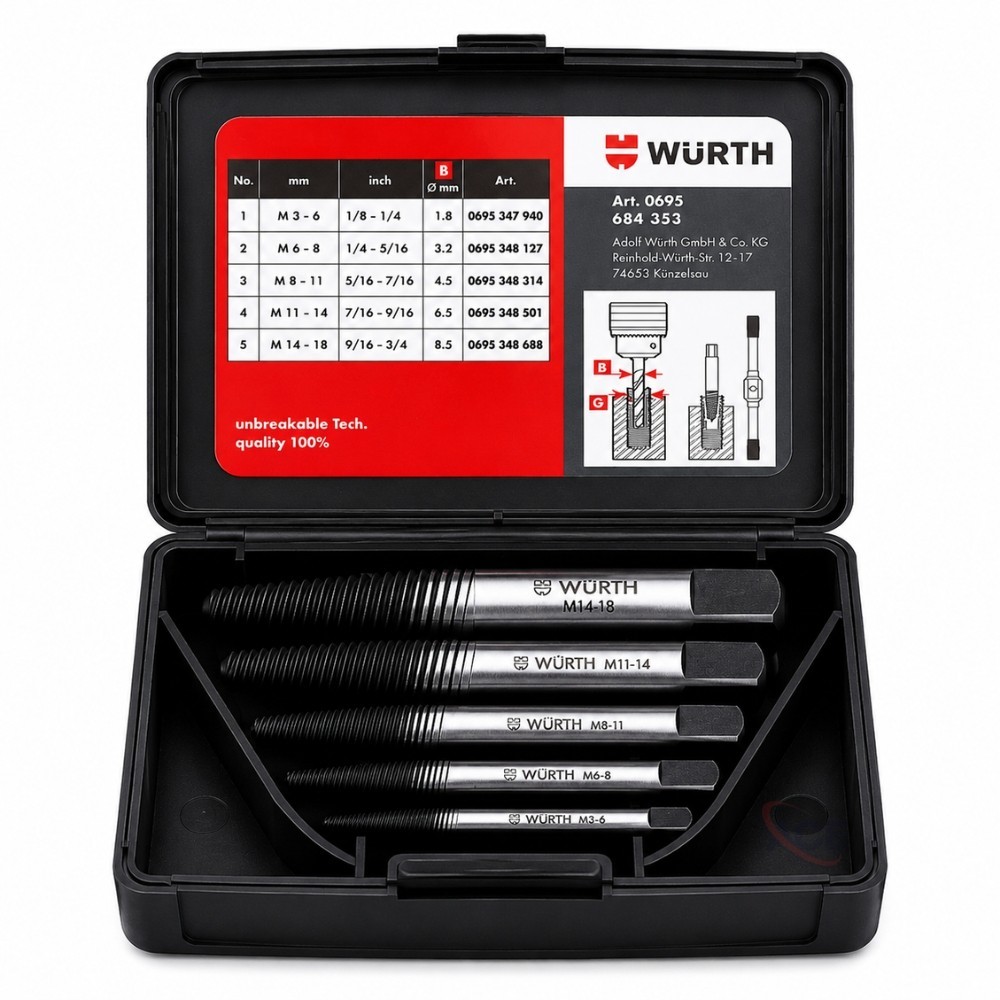 Würth® 5 Piece Bolt Stud & Screw Extractors Puller Set M3-M18