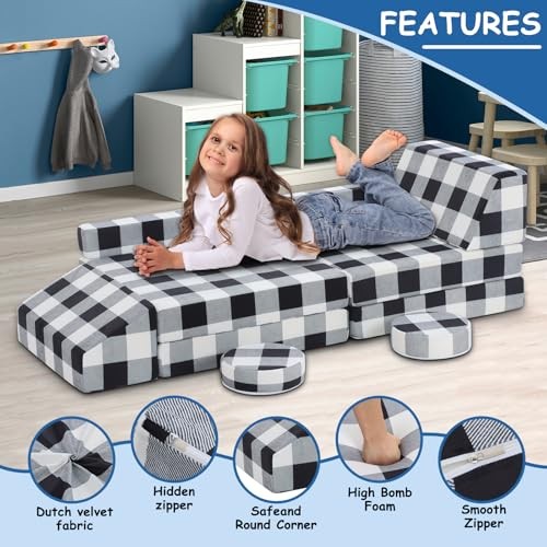 10 Pc Black & White Kids Couch, Buffalo Check Toddler Sofa, Black and White