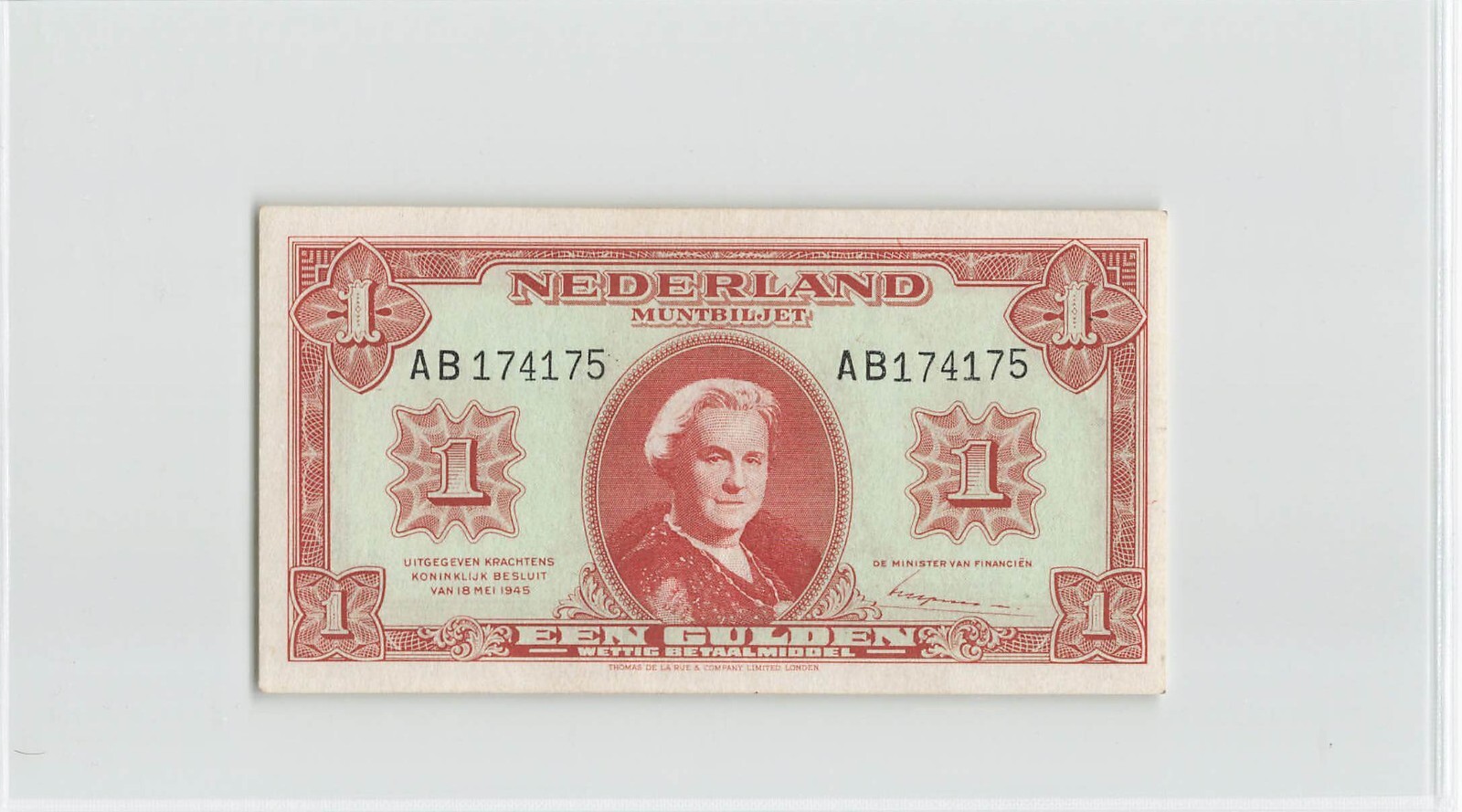 NETHERLANDS 1 Gulden 1945, P-70, Muntbiljet, AB174175, Original UNC Grade.  B9