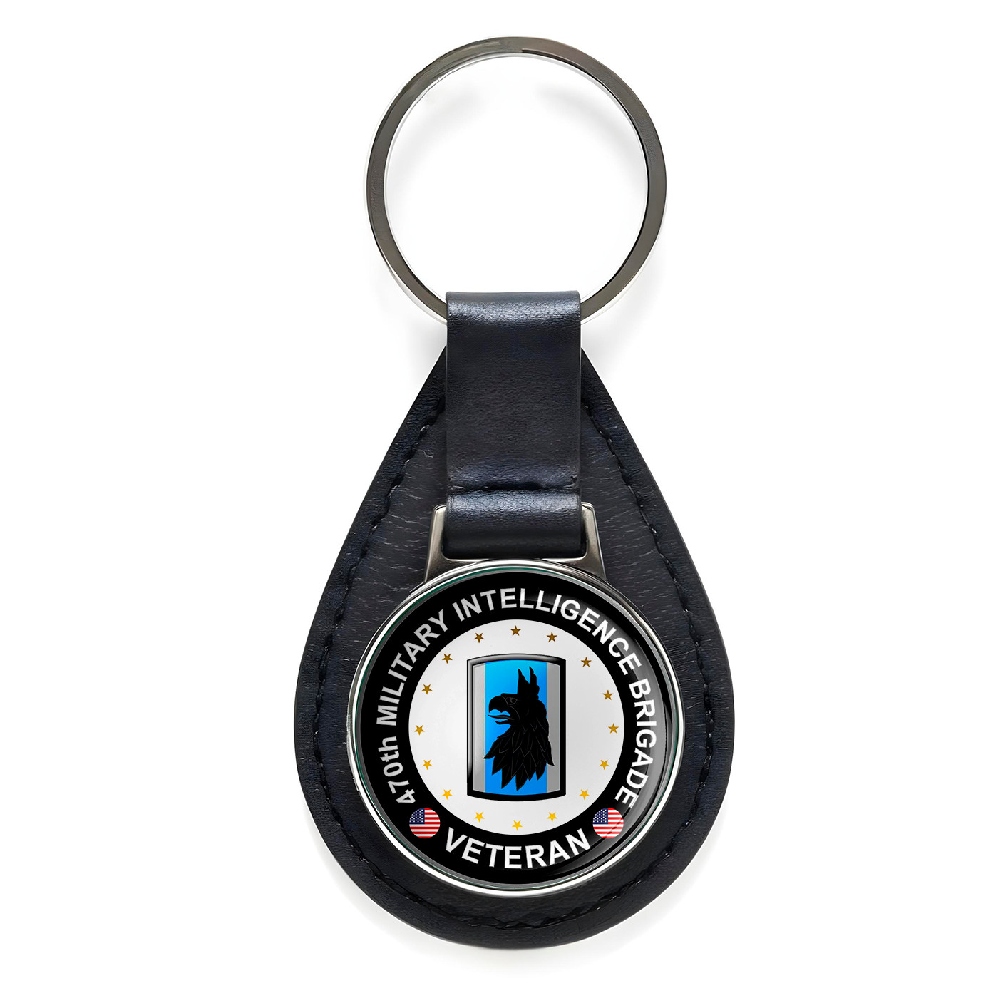 470th Military Intelligence Brigade Veteran Leather Keychain Silver Keyring