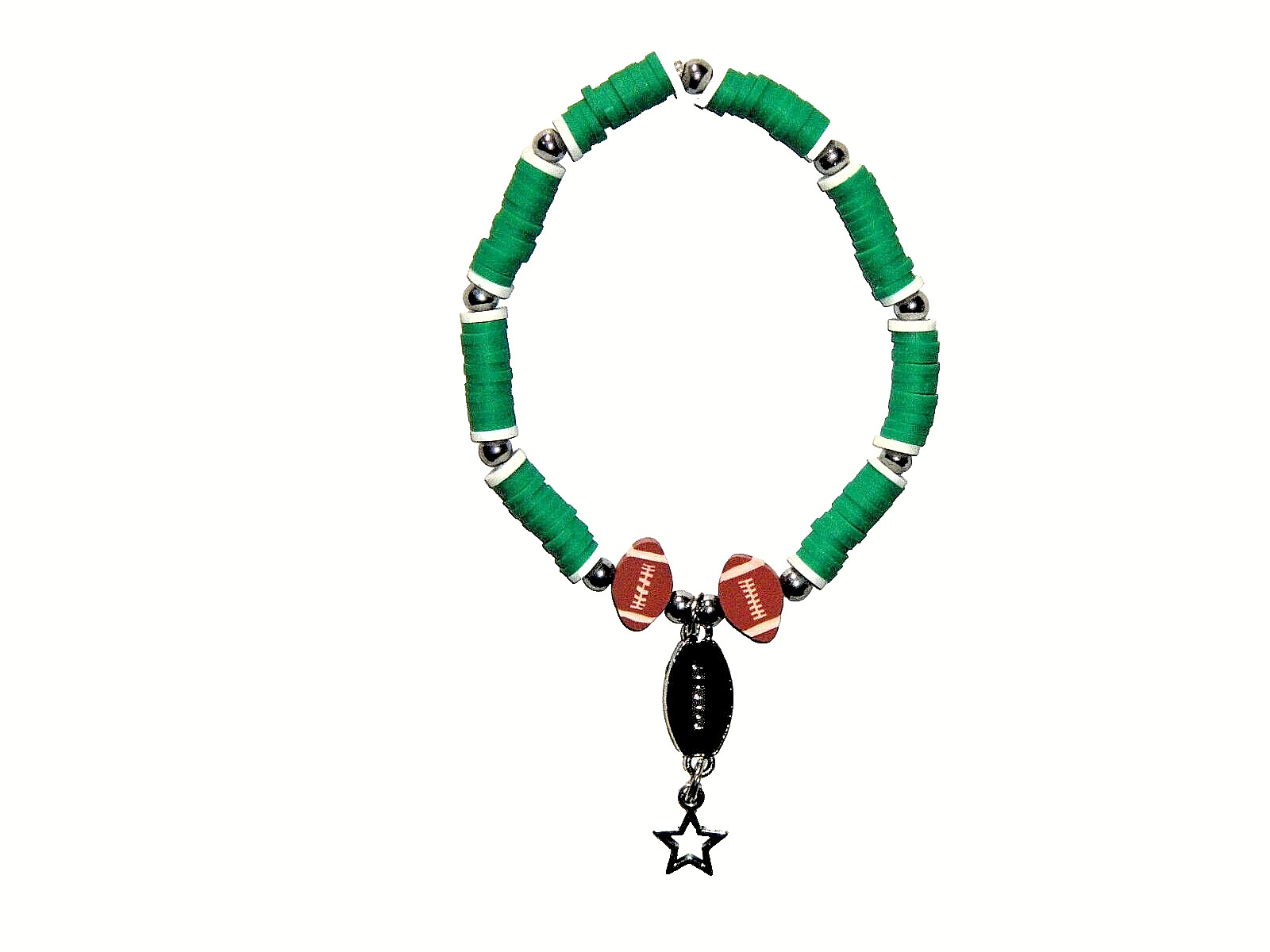 FOOTBALL CHARM BEADED (GREEN) BRACELET (7 7/8"):  HAND-MADE JEWELRY BY T.L.C.