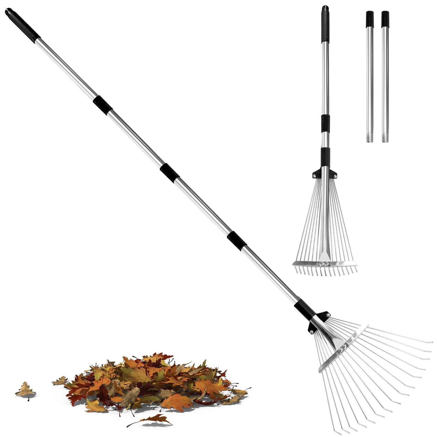 Leaf Rake Adjustable 23" to 75" - Stainless stelel Rake for Leaves, Garden To...