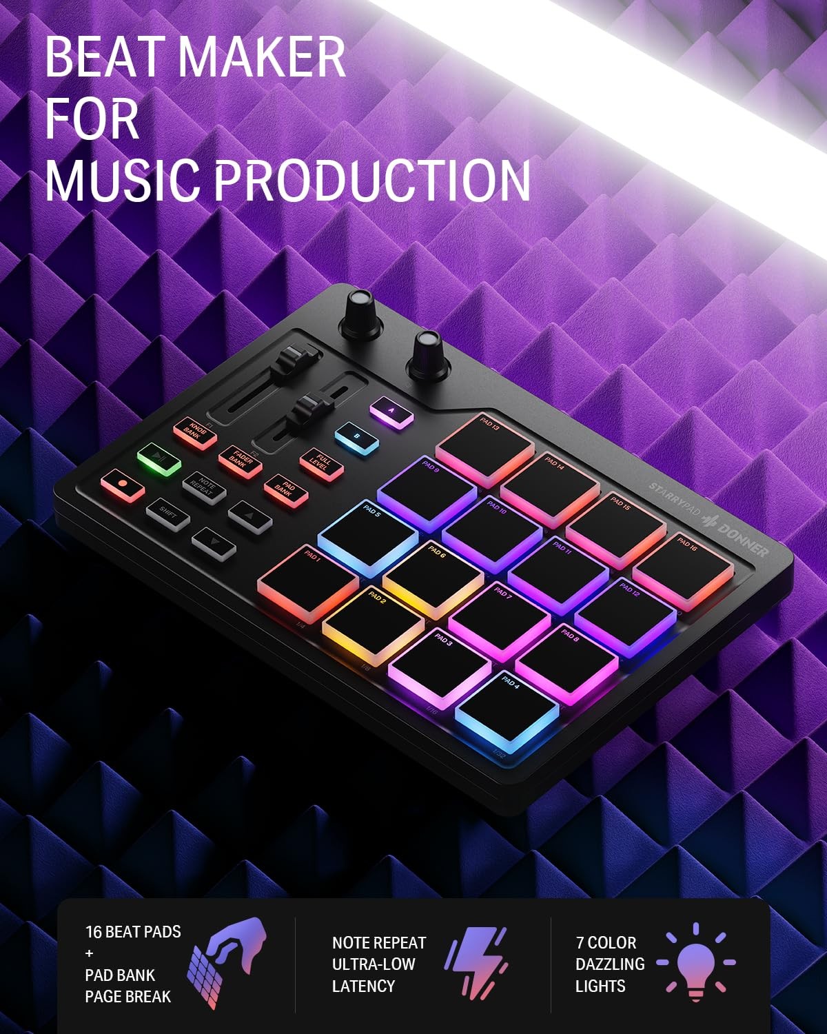 Donner MIDI Pad Beat Maker Machine Professional, Drum with 16 Black