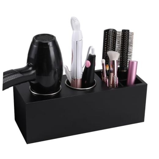 Hair Dryer Countertop Holder, Hair Tool Organizer Wall Mount, Cedar Wood Black