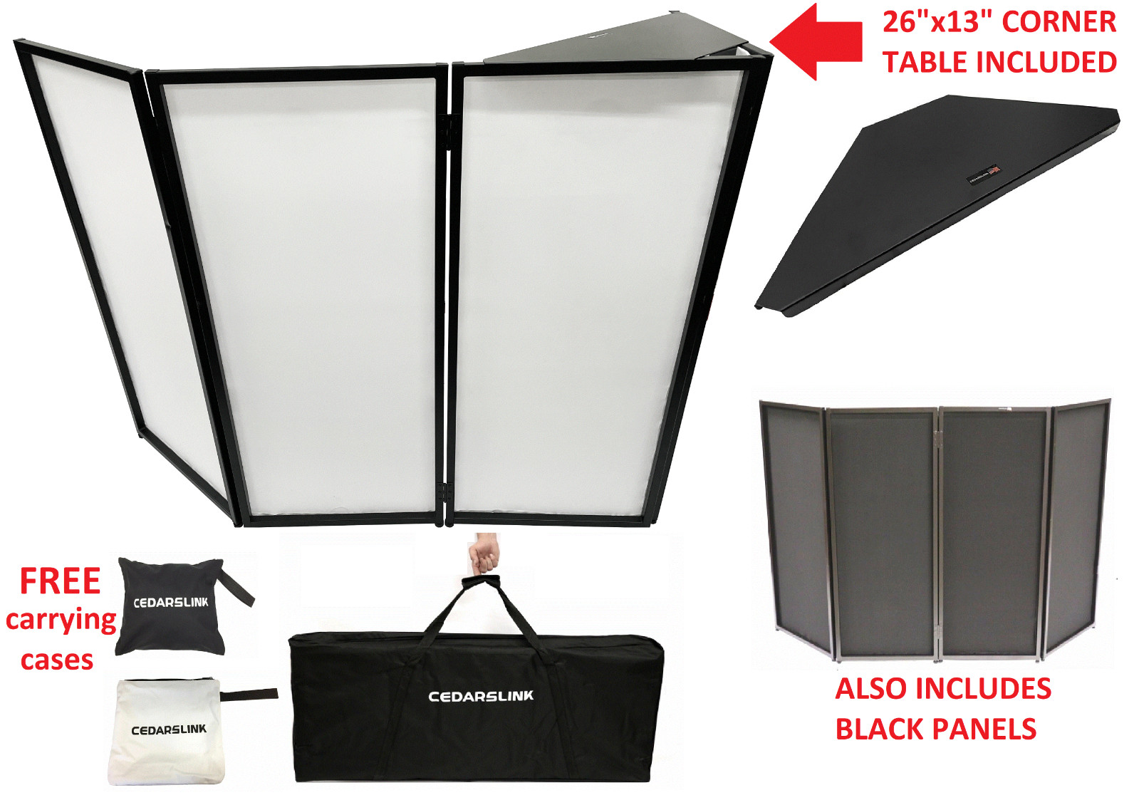 CedarsLink DJ Event Facade White/Black Scrim Metal Frame Booth W/Corner Table
