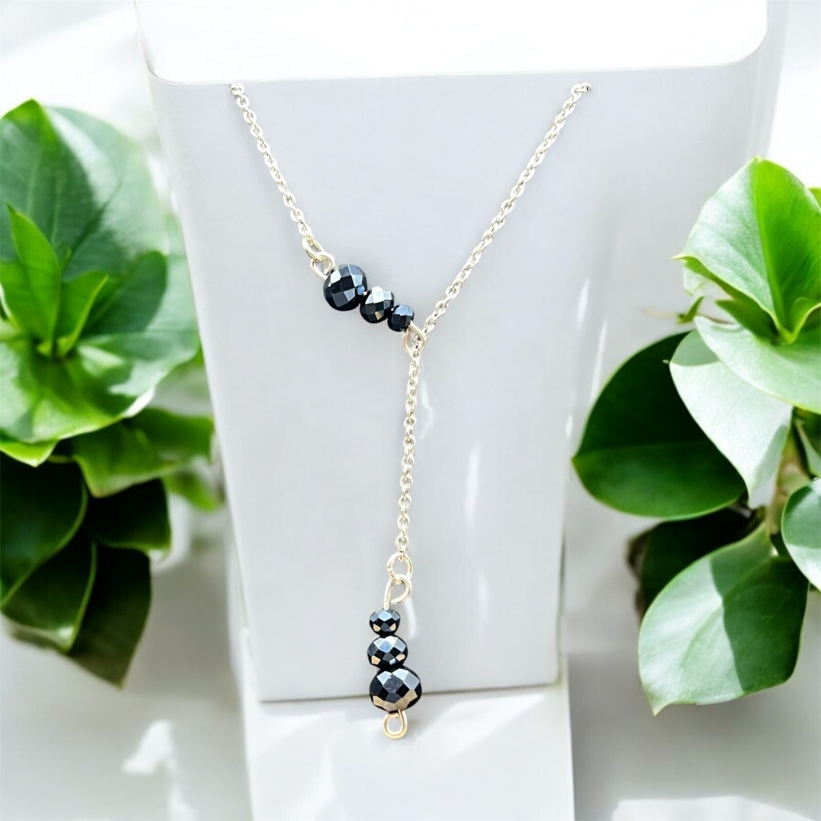 Handmade-37" chain necklace w/black faceted beads