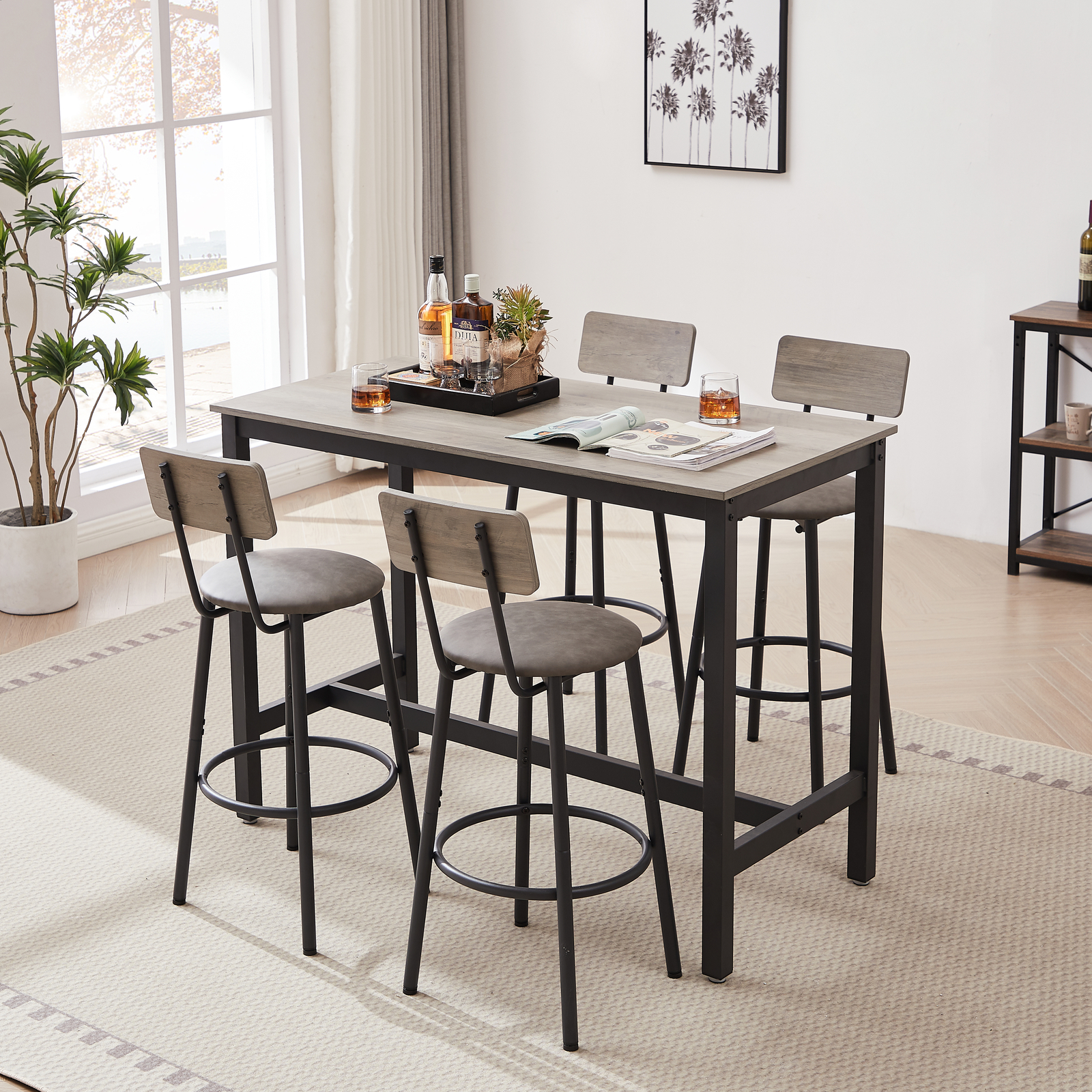 5 Piece Dining Table and Bar Stools Set Pub Table Kitchen 4x PU Bar Chairs Gray