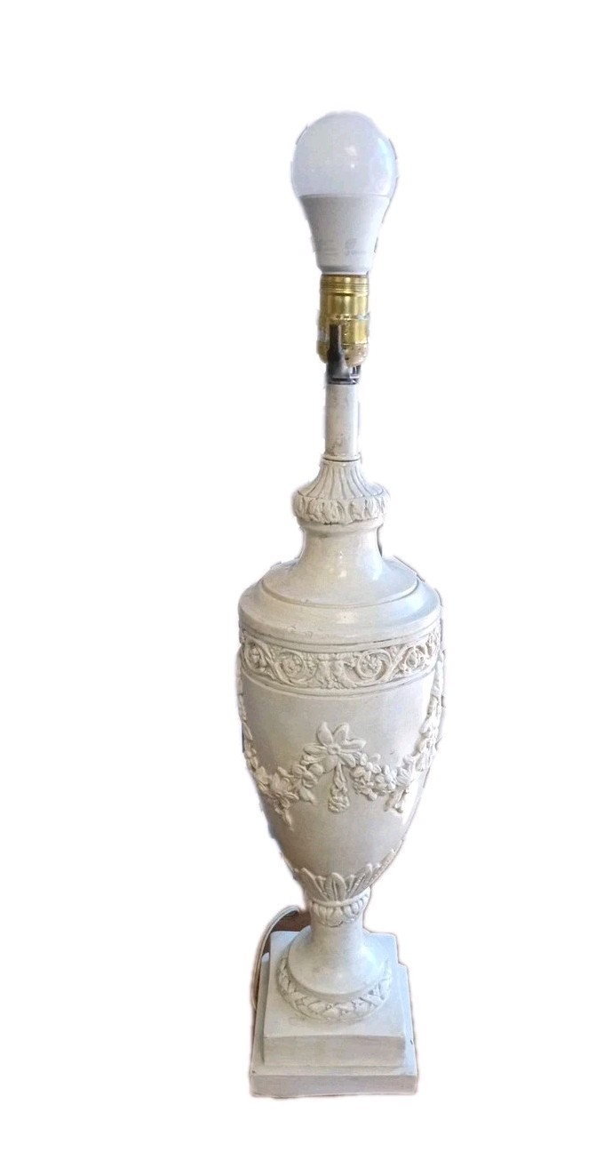 Large Carved Decorative Cream Colored Neoclassical Style Table Lamp