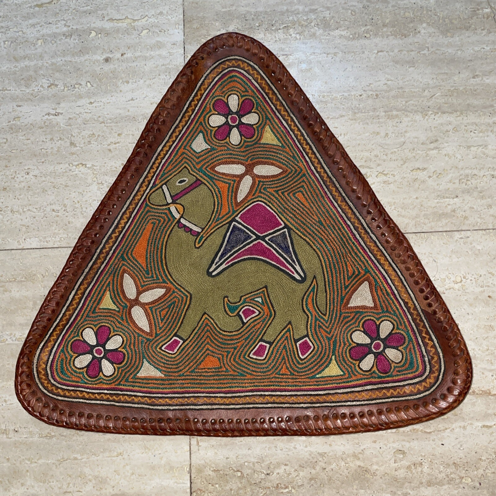 Leather Tripod Saddle Stool Cover Needlepoint Camel Floral Country Farmhouse
