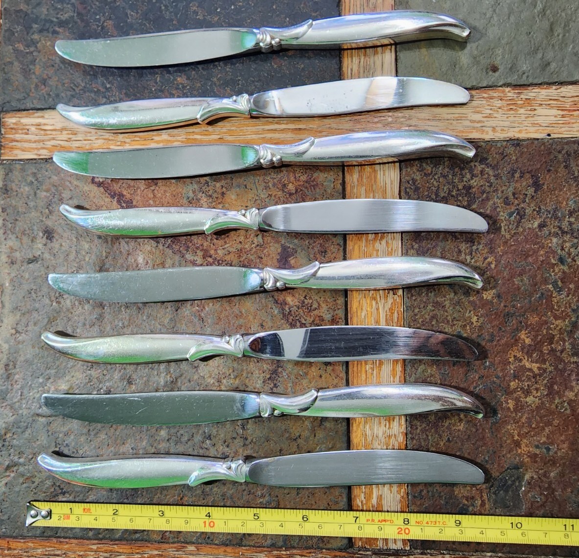 ✅️LOT OF 8 MID-CENTURY c1956 FLAIR"9 1/2"SILVERPLATE MODERN HOLLOW PLACE KNIVES
