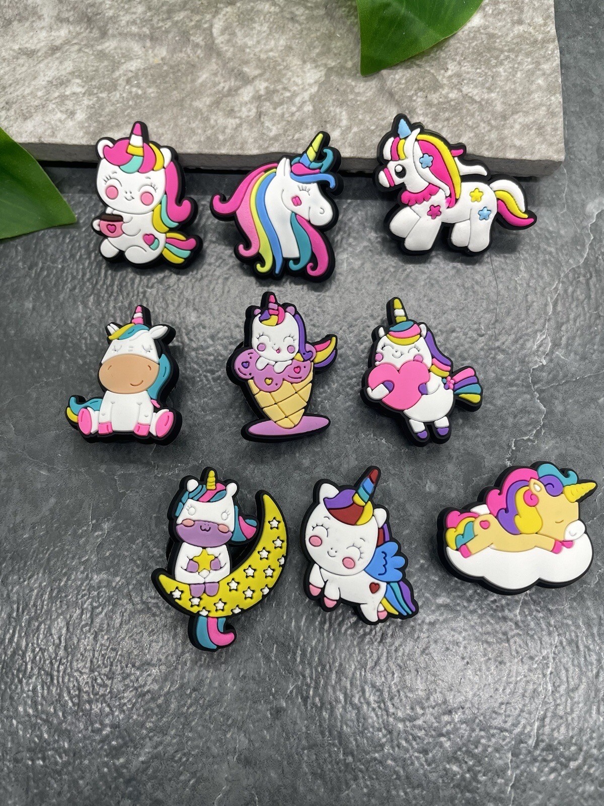 9 PC 1” Cartoon Unicorn  Shoe Decoration Charms-Clogs Jigs Bubble Slide A4737