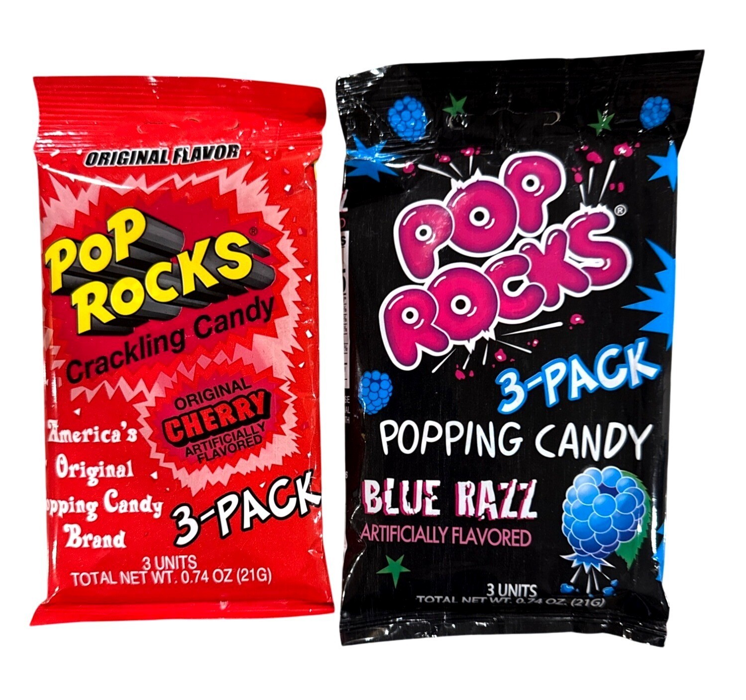2pc Set 0.74oz/3ct per Bag Pop Rocks Crackling & Popping Candy CHERRY + BLUE RAZ