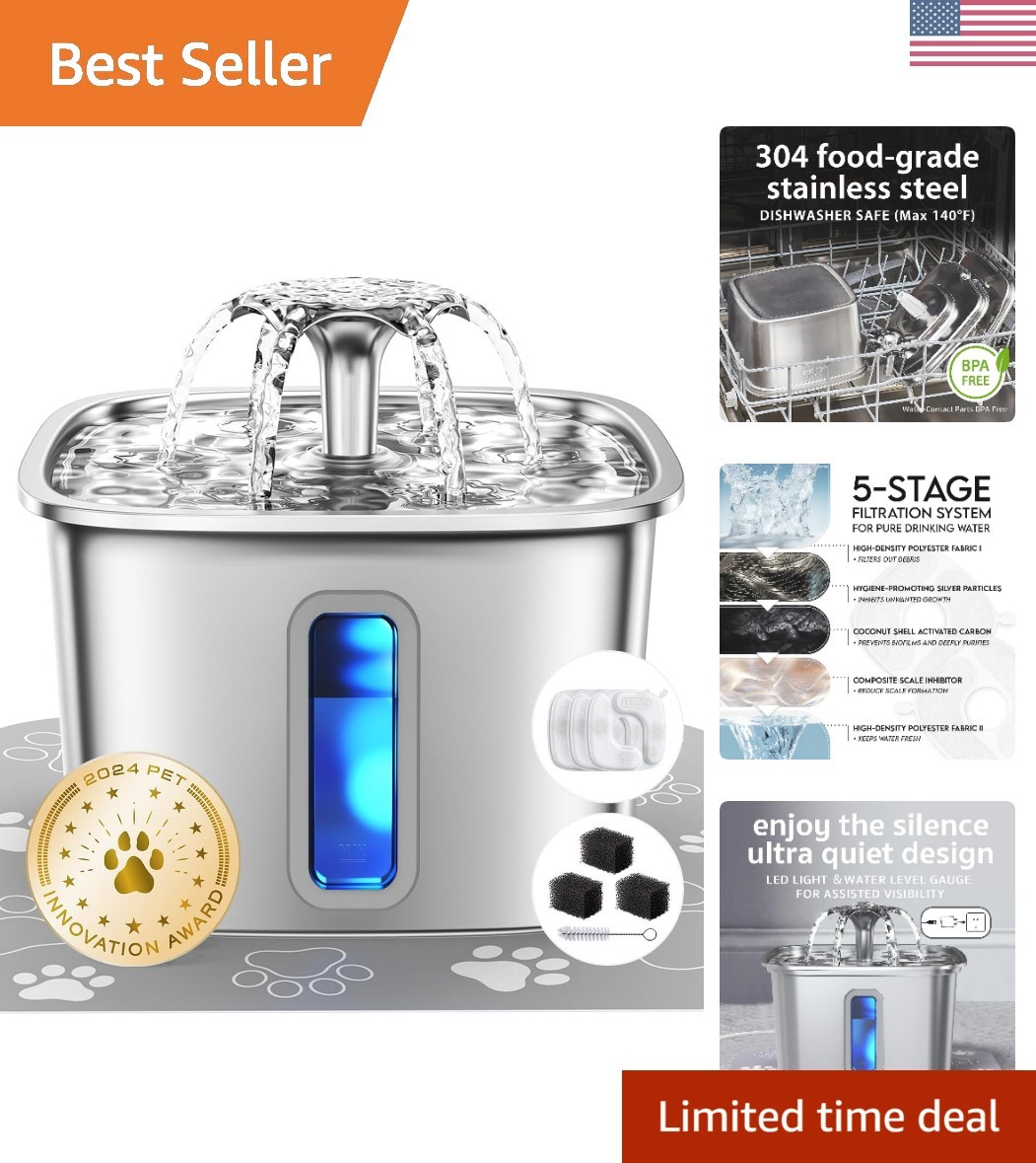 Innovation Award Winner Stainless Steel Cat Water Fountain, 108oz/3.2L Automa...