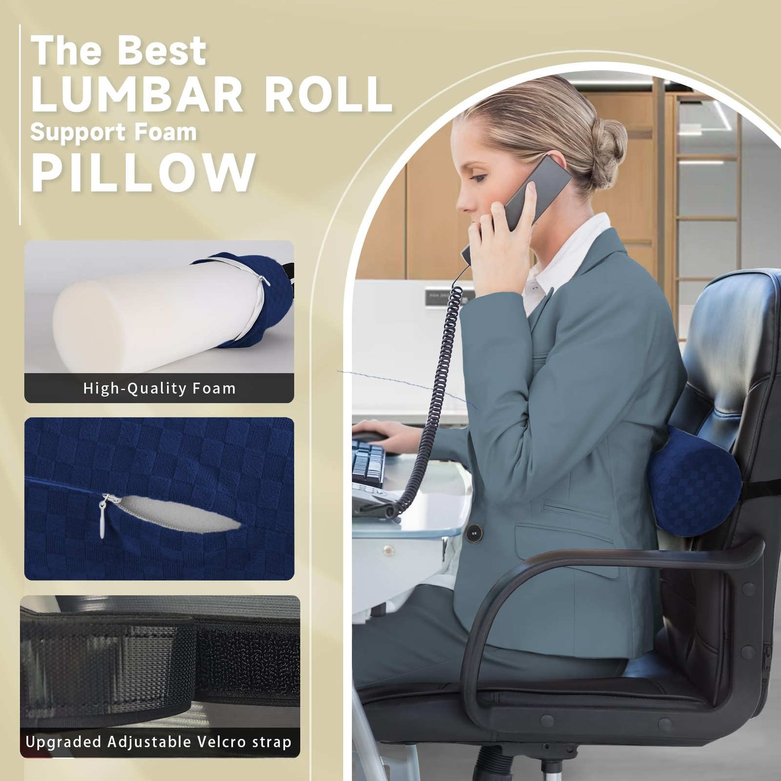 Lumbar Roll Pillow for Lower Back, Support Short-11*4.3'', Dark Blue