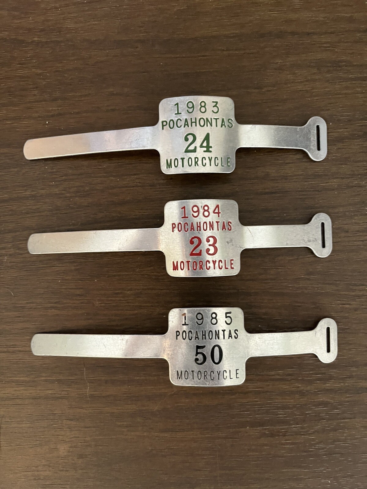 3 Vintage Pocahontas Motorcycle Club Bike Registration Metal Tags 1983, 84, 85