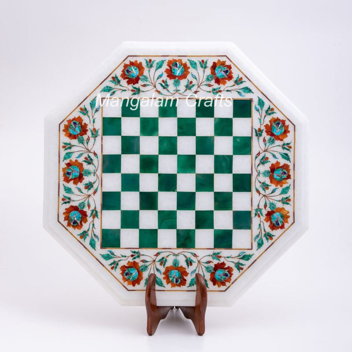 18" Marble Chess Table Top Semi precious stones Inlay Work Decor
