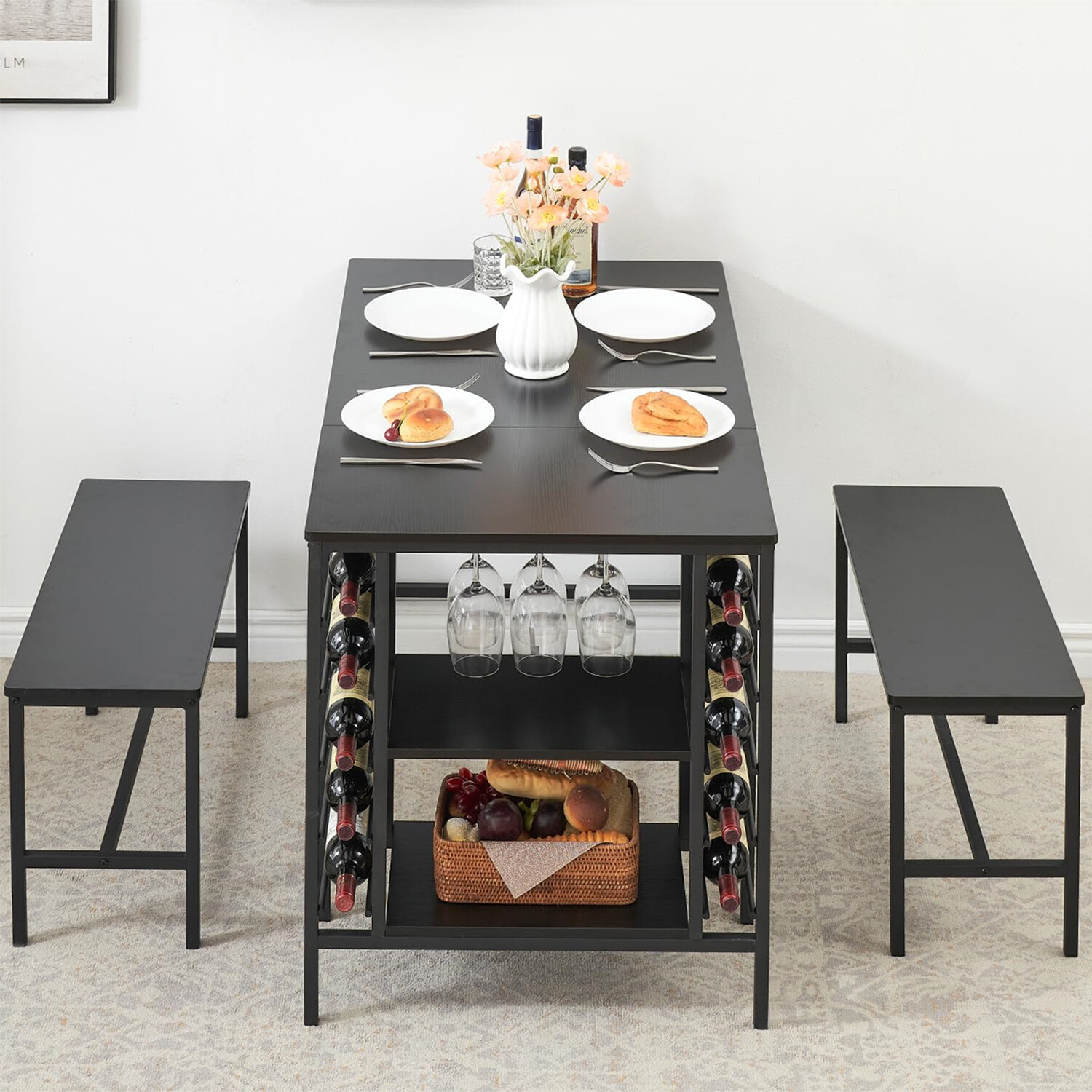 Dining Table Set for 4 3 Pieces Kitchen Table Set with 2 Benches Wine Rack