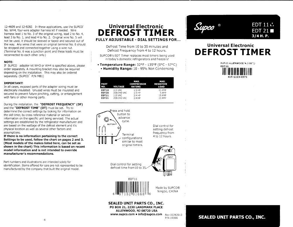 EDT11 SUPCO Refrigerator Defrost Timer Control Universal 120 Volt 15 Amp