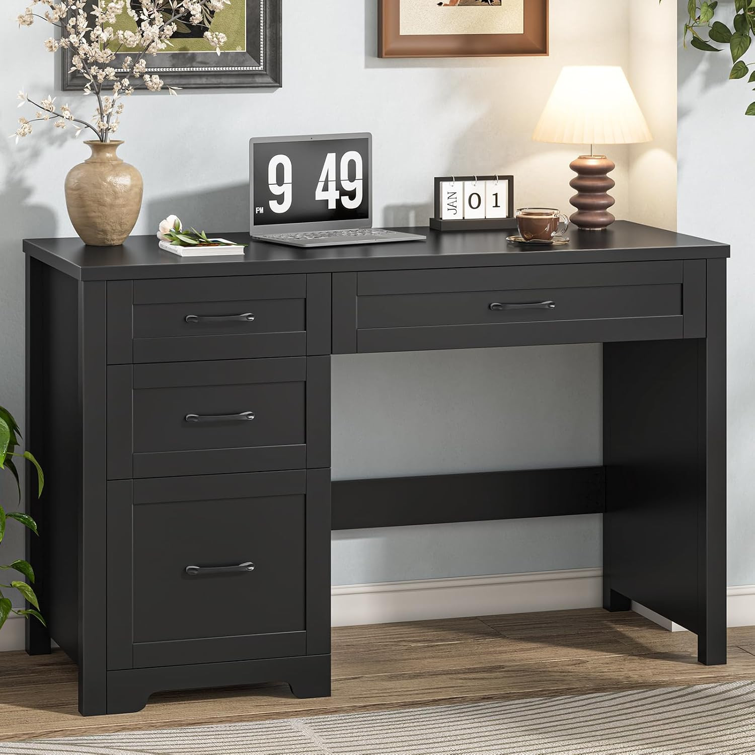 Home Office Desk with 3 Storage Drawers, Black. | Farmhouse 47" Wood Computer De