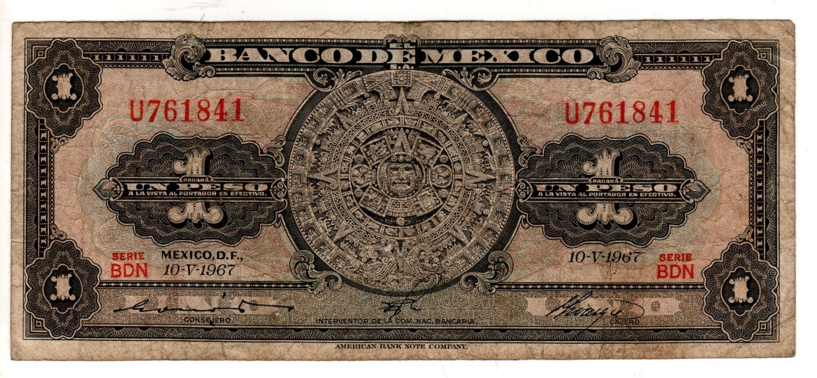 🇲🇽 MEXICO Un Peso BANKNOTE 1967 AZTEC CALENDAR Mexican Currency Paper Money CU