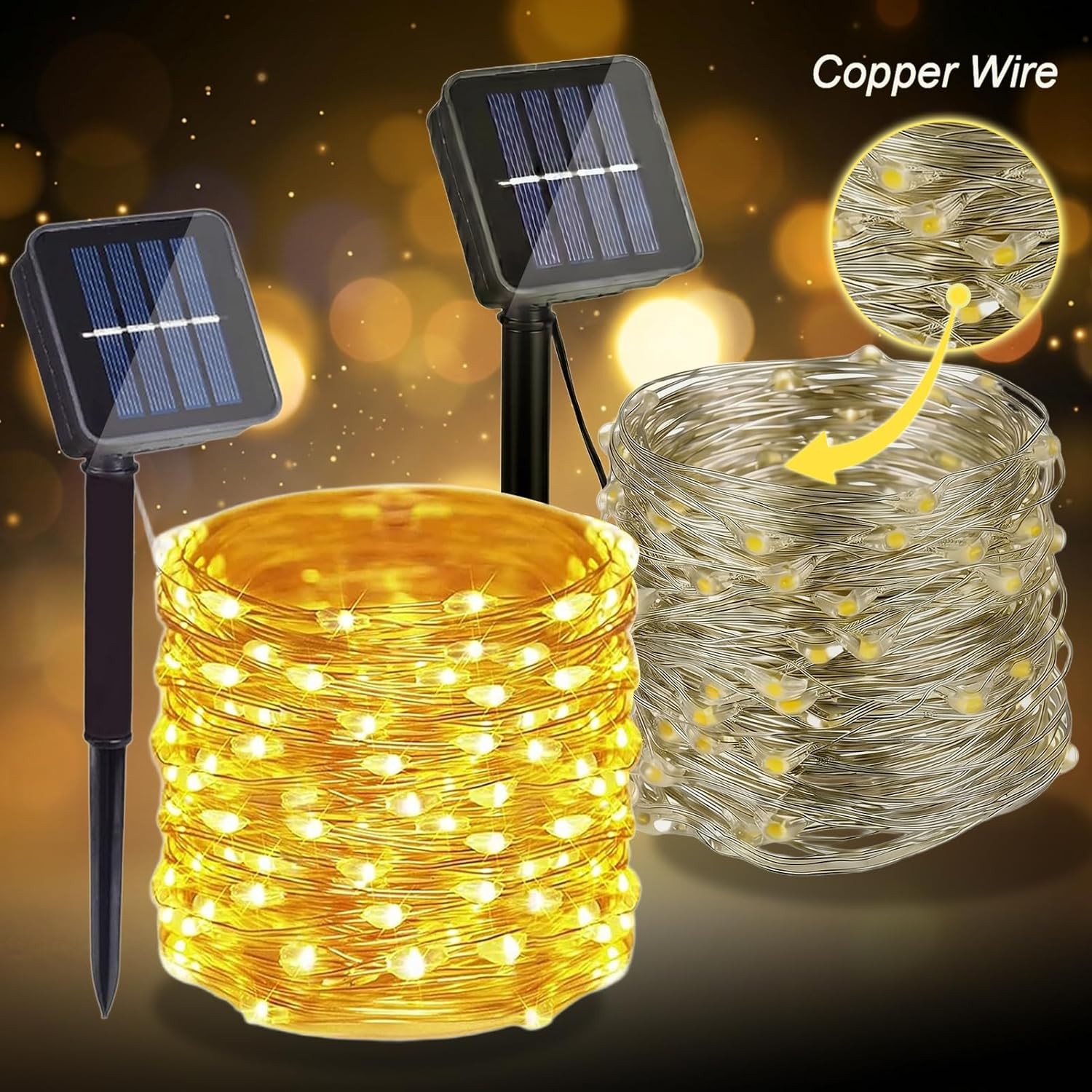2 Pack Total 200 LED 66FT Solar Powered Copper Wire String Lights Outdoor