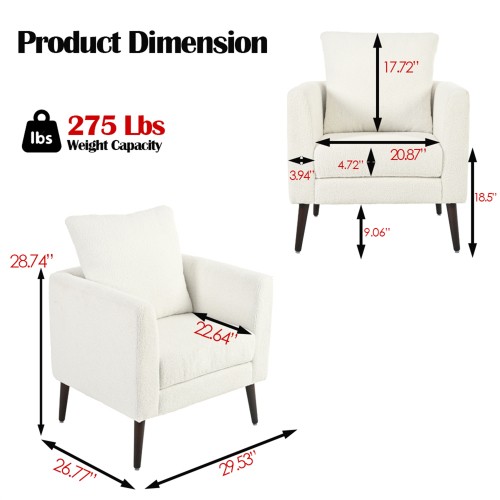 White Teddy Fabric Upholstered Club Chair Solid Wood Legs Lumbar Pillow Single
