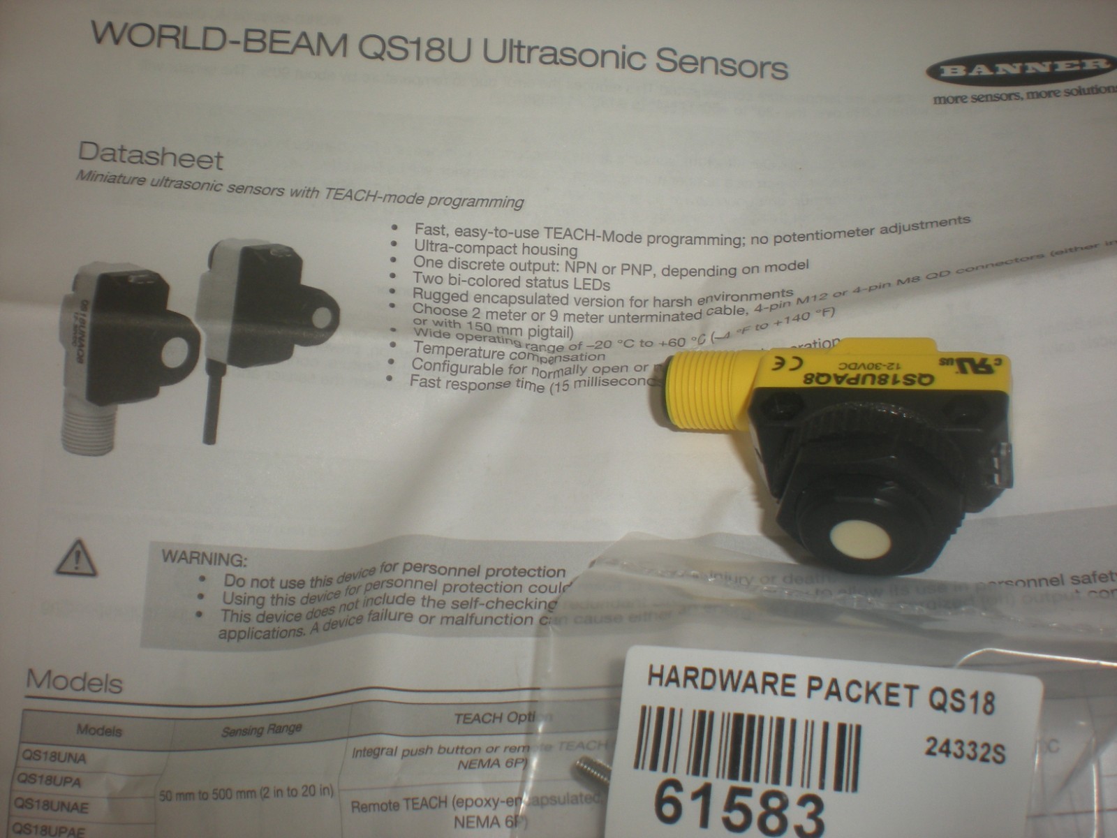 Banner Engineering QS18UPAQB Sensor - NIB