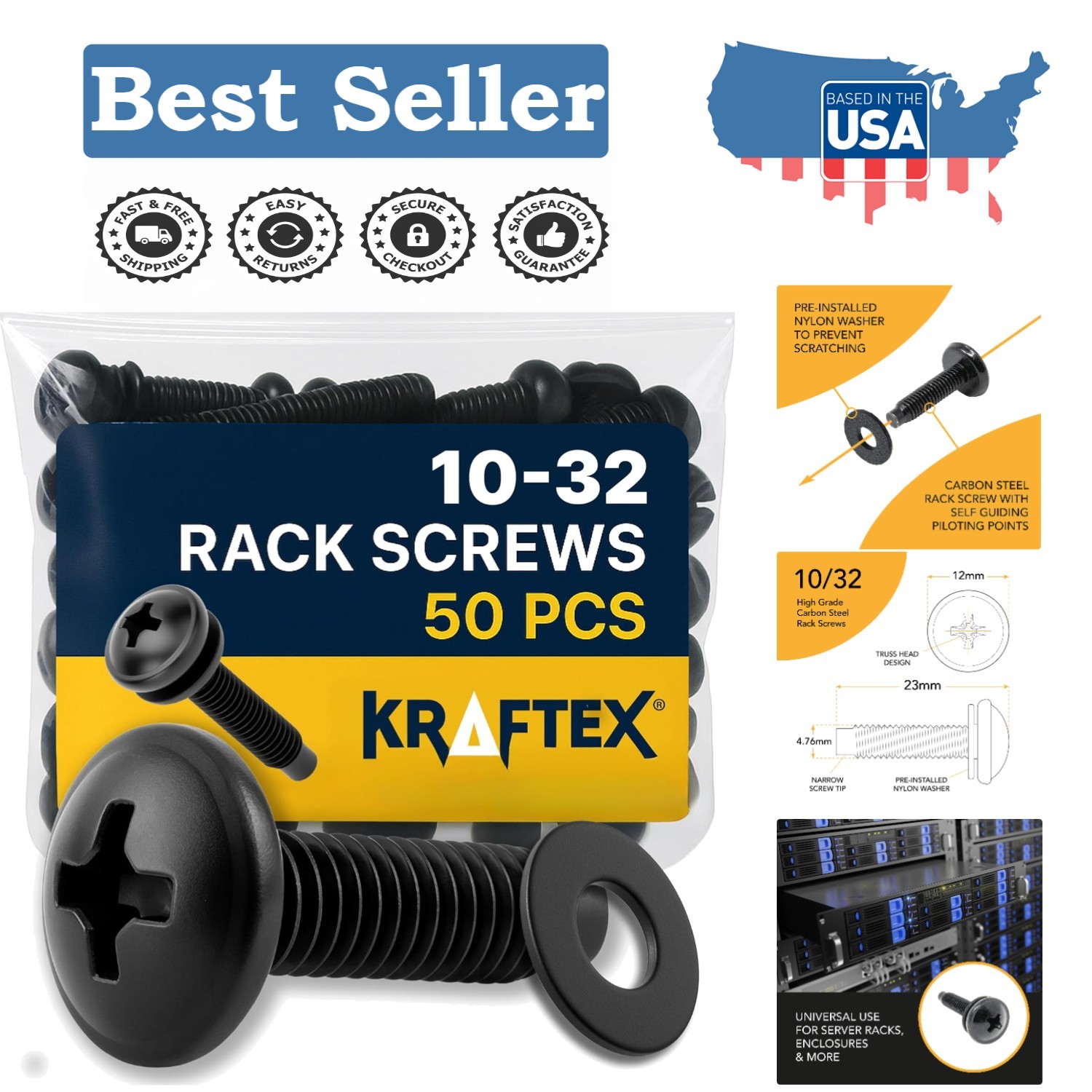 Professional 10-32 Rack Screws - 50-Pack Zinc-Plated for Ultimate Durability