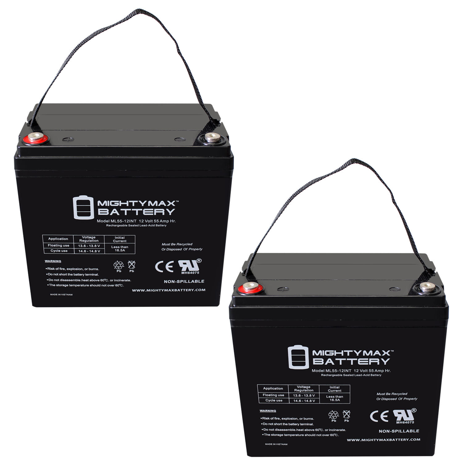 Mighty Max 12V 55Ah Internal Thread Battery for Quantum QG Edge NF55 - 2 Pack