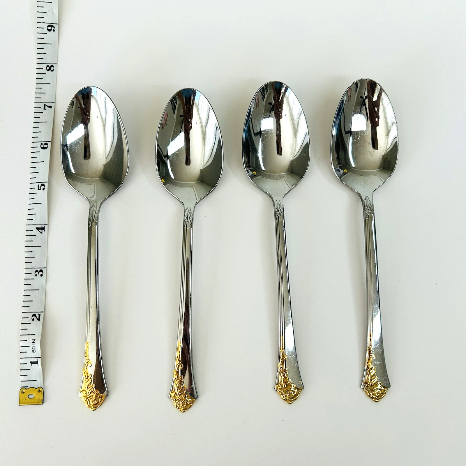 Set of 4 Damask Rose Golden Soup Spoons Oneida Stainless Flatware Gold 7.25"