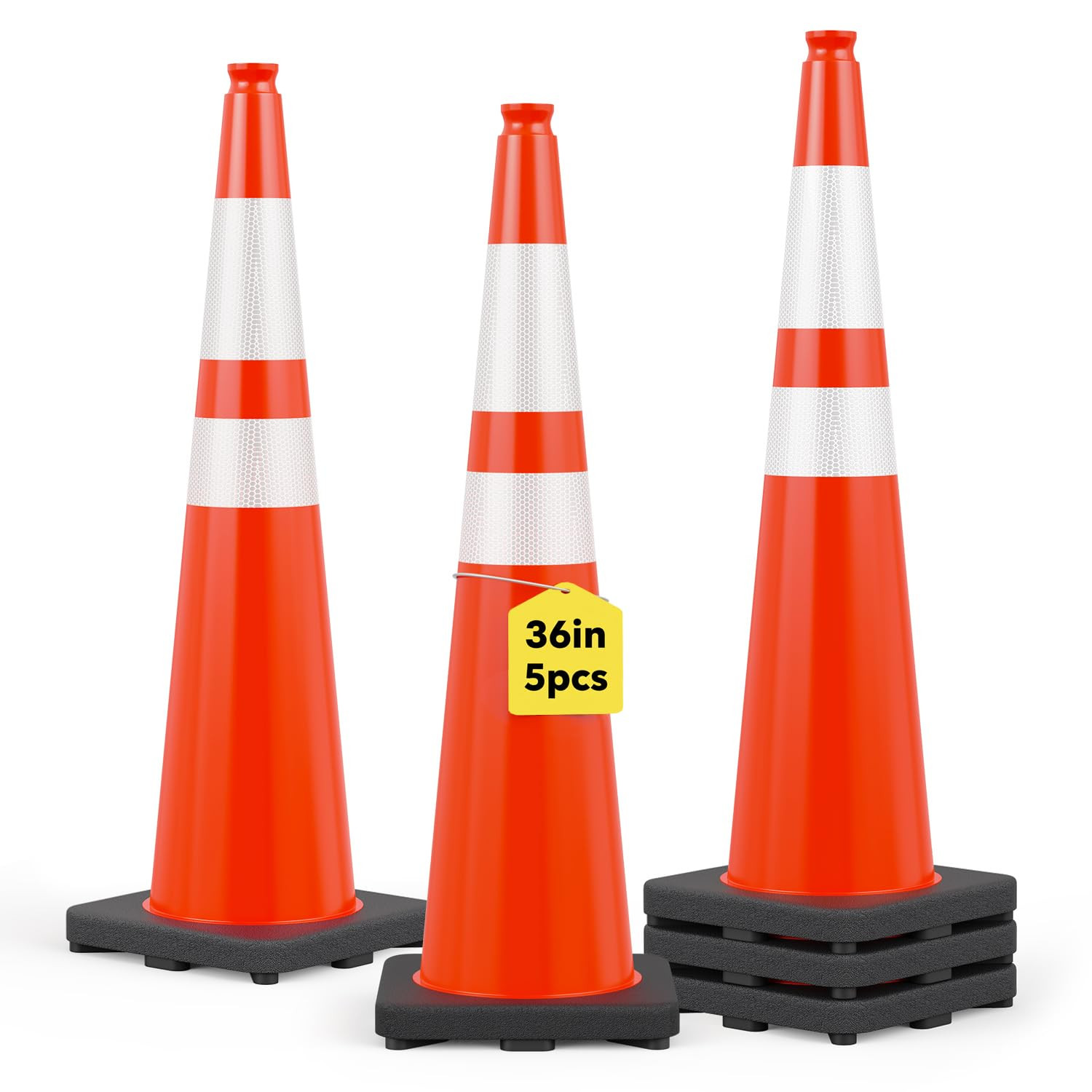 36 Inch Traffic Cones 5 Pack, Orange Safety Cone with Weighted Base, High-Visibi