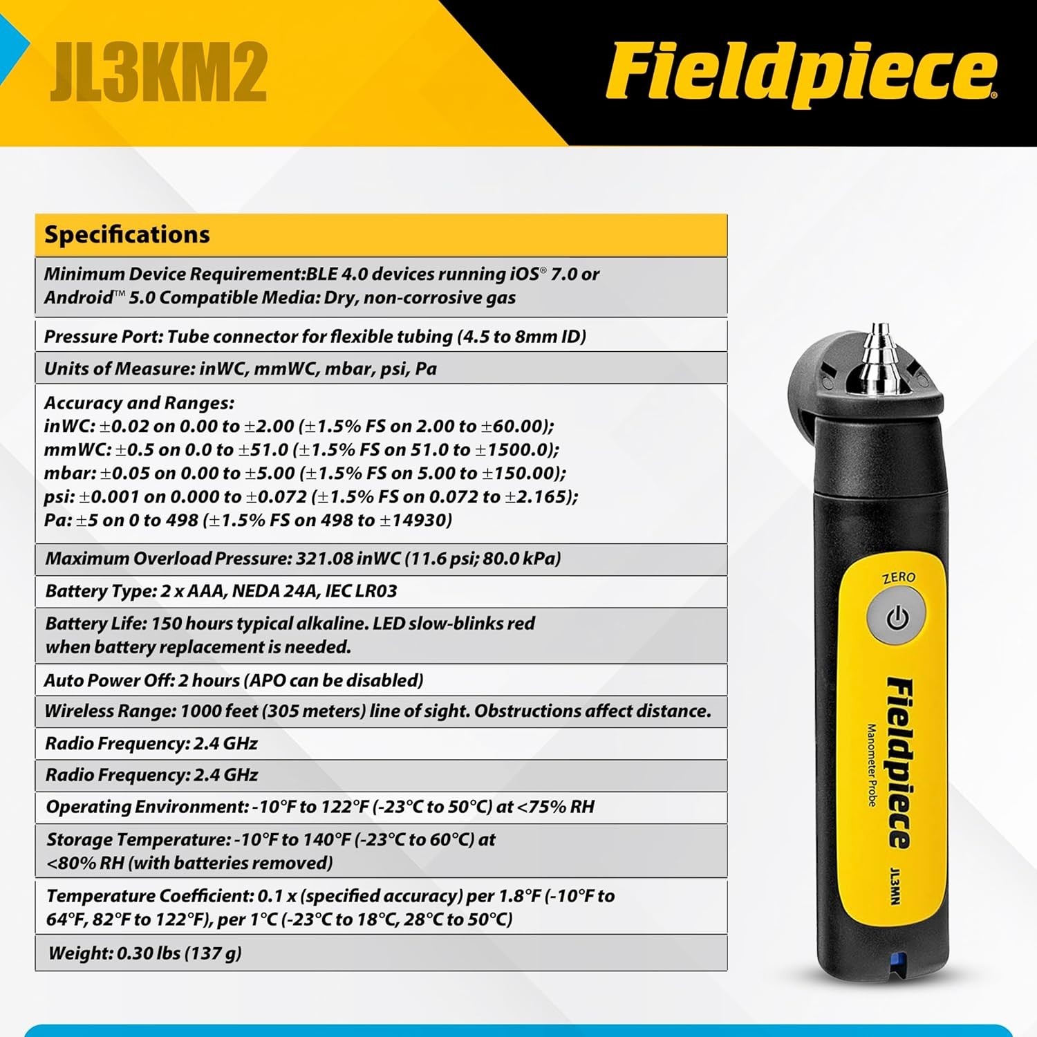 Dual Port Manometer Probe Kit with Wireless Range for HVAC Pressure Measurement