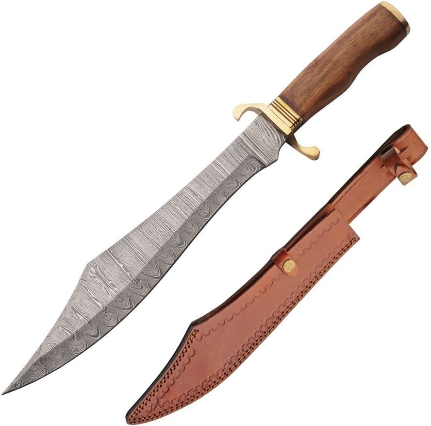 Damascus Scimitar Hunter Fixed Knife 12" Damascus Steel Blade Brown Wood Handle