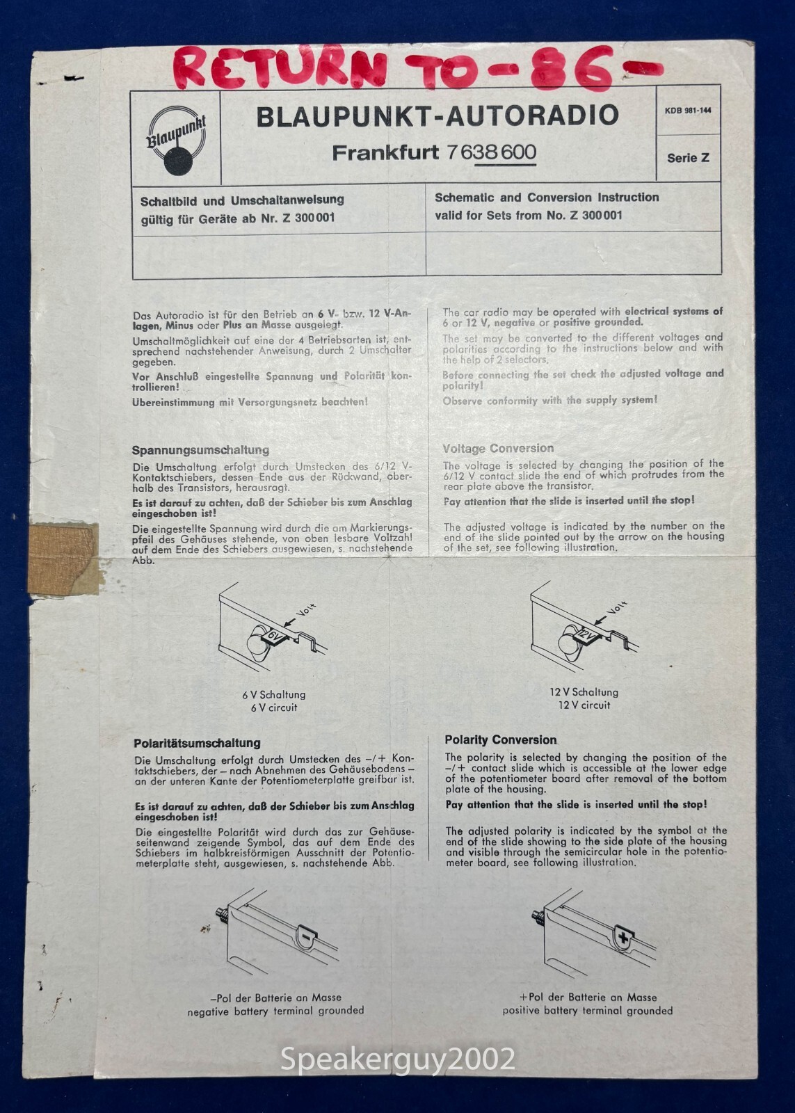 Original Blaupunkt Frankfurt 7638600 Foldout Schematic