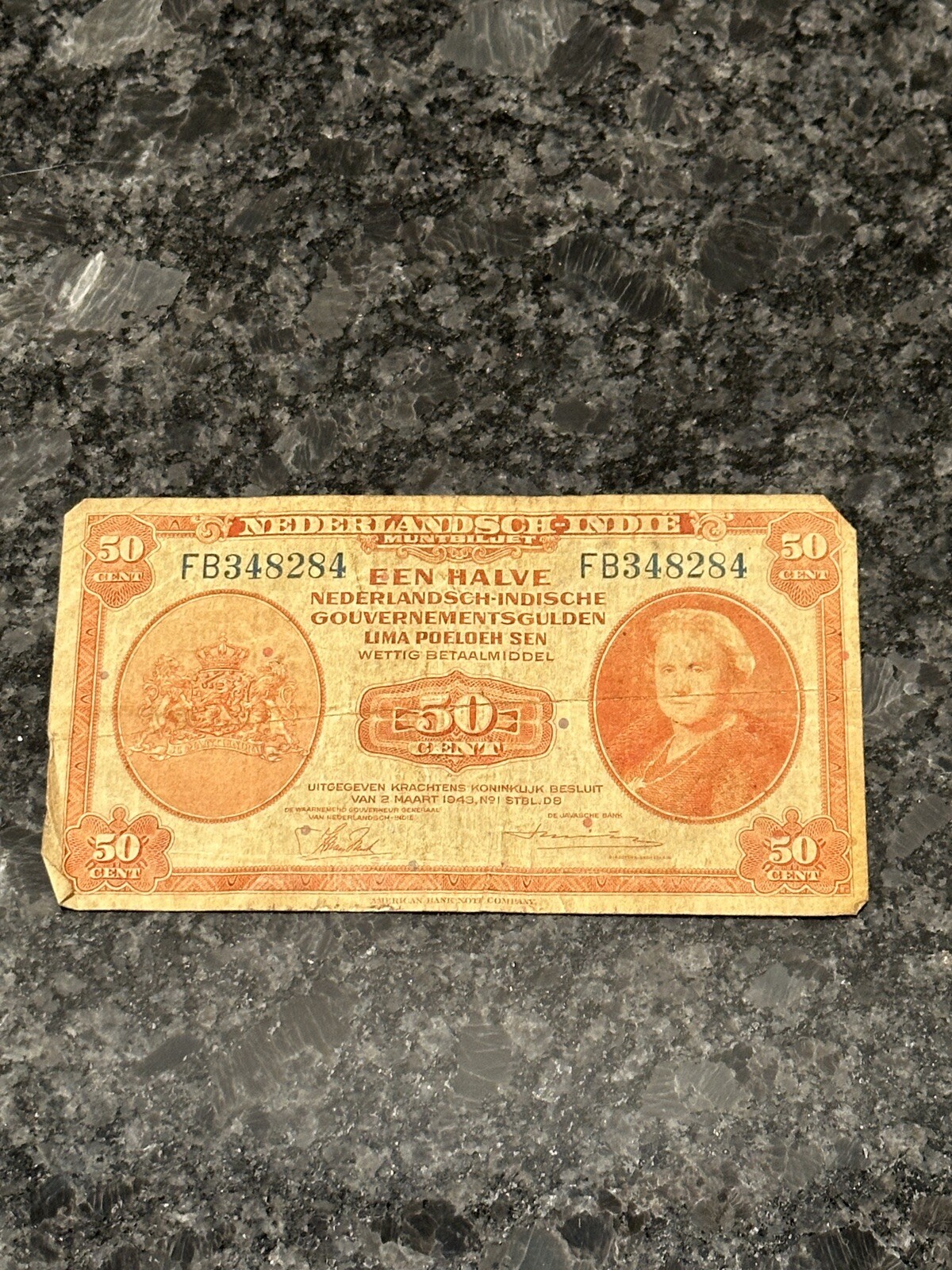 BANKNOTE OF NETHERLANDS 50 CENT 1943 WORLD WAR II NEDERLANDSCH-INDIE